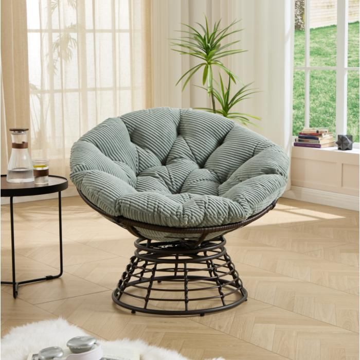 Fauteuil Papasan en Rotin Chaise Relax Ronde 1 Place Pivotant à 360° Coussin Épais Grand Confort Inclus Mobilier de Jardin vert