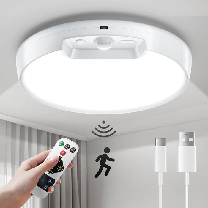 Plafonnier LED sans fil - EVERWOL - Détecteur de mouvement intégré - Batterie rechargeable 8000mAh