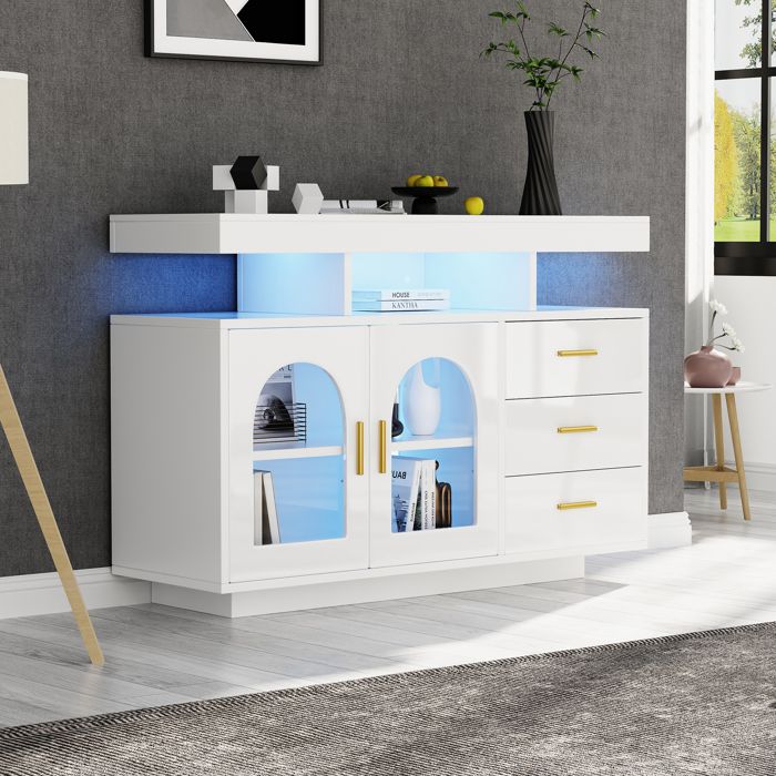 Buffet moderne 120x40x80 cm avec 3 Tiroirs 2 Portes LED Panneaux de particules Blanc