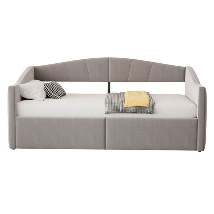 Lit simple 90x200 cm en velours gris clair avec accoudoirs sommier à lattes et coffre de rangement hydraulique