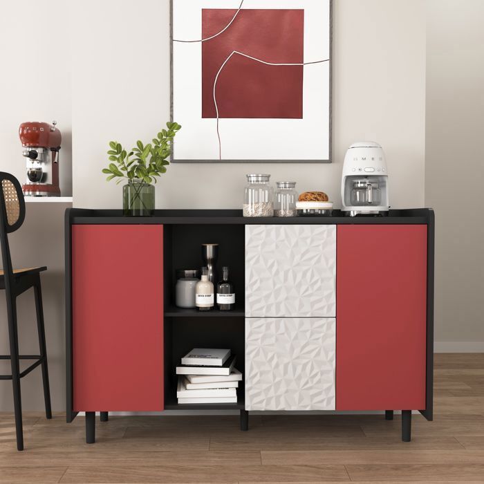 Buffet de salle à manger Noir et Rouge 120 cm – 2 Tiroirs 2 Portes – 2 Compartiments ouverts – Rangement cuisine/salon
