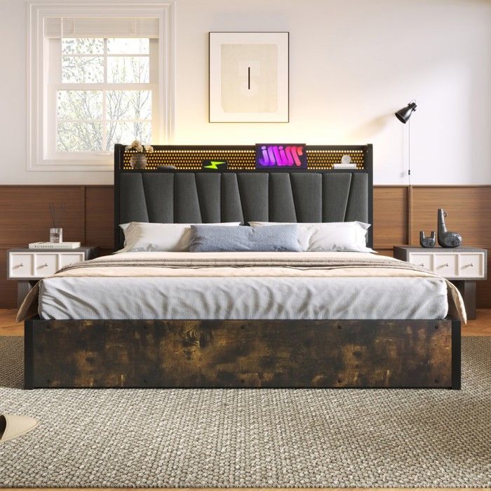 Lit double rembourré gris 180x200 structure métal tête lit LED charge USB sommier lattes bois sans matelas