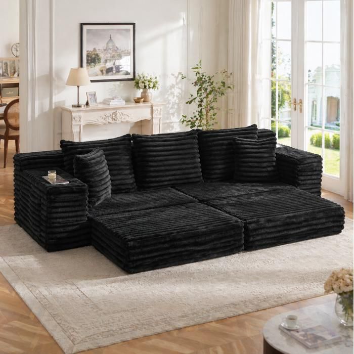 Canapé-lit compressé modulable en velours côtelé noir 273 x 98 x 87 cm avec dossier haut et porte-gobelets