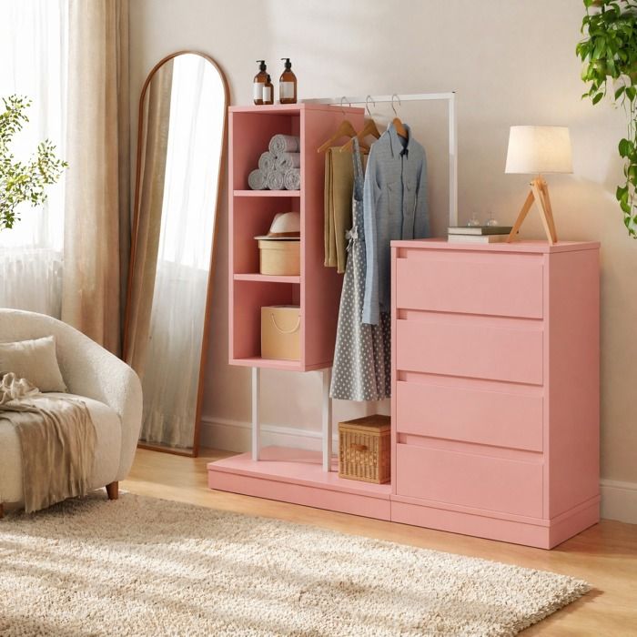 WUVRIE Armoire penderie rose et blanc 140 x 40 x 135 cm 4 tiroirs 3 étagères ouvertes barre de penderie