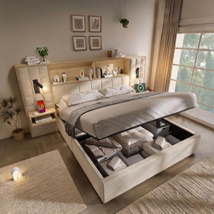 Lit avec coffre et chevets intégrés 160x200 cm en lin beige-toned éclairage LED et ports USB-C