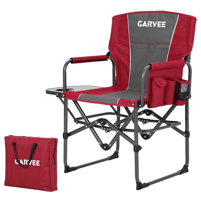 Chaise de camping pliante type metteur en scène – Supporte 180 kg – Robuste avec tablette latérale porte-gobelet poche -rouge