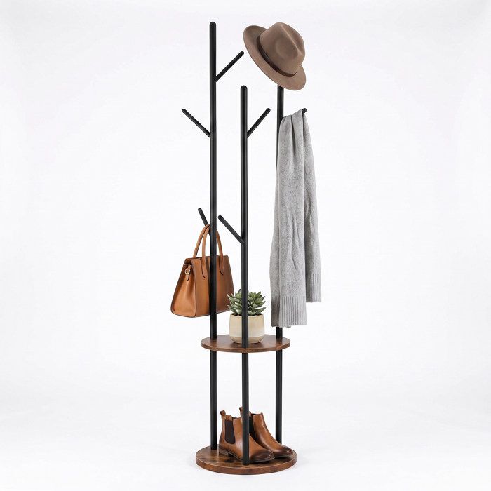 Relaxdays porte-manteau en fer 8 crochets 2 étagères pour entrée/dressing brun vintage H x l x P: 175 x 40 x 40 cm