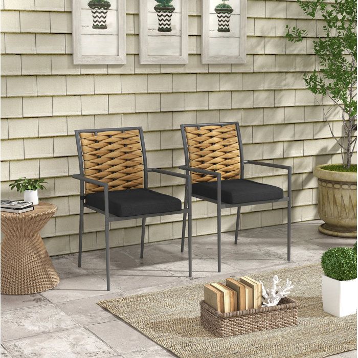 Fauteuils de jardin empilables lot de 2 EVRYAE 57 x 58 x 87 cm avec coussins acier et PE tressé noir