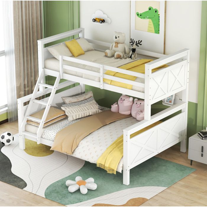 Lit superposé convertible EVRYAE 90x200 et 140x200 avec échelle inclinée et garde-corps en pin et MDF blanc