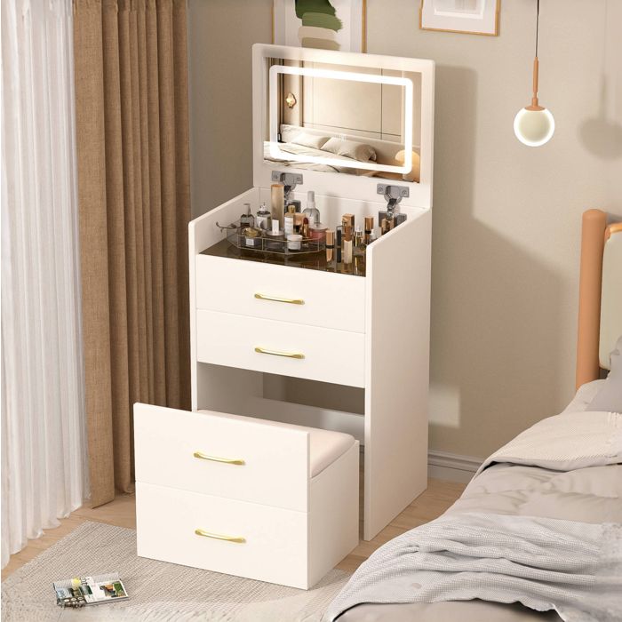 JOINERY coiffeuse meuble chambre 3 en 1 rangement miroir rabattable plateau en verre MDF blanc tabouret 60 x 40 x 118 cm