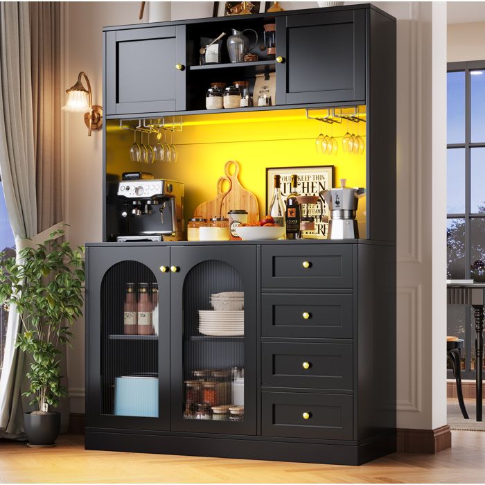Buffet haut de cuisine 120 x 40 x 188 cm avec 4 portes 4 tiroirs LED porte-verres MDF noir