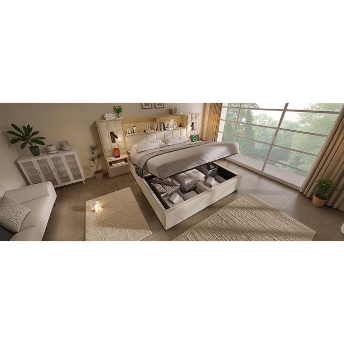 Modenuit Lit coffre 180x200 cm beige avec rangement hydraulique 2 lampes de lecture USB et Type-C