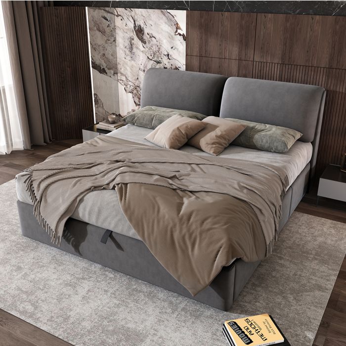 Lit Coffre 160x200 En Velours Gris Lit Hydraulique Rembourre FloraGrace Pour Chambre Adulte Avec 3 Tiroirs 160x200cm
