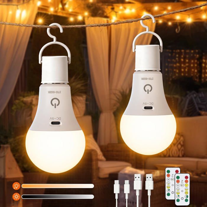 Lot de 2 ampoules LED rechargeables E27 7W - Dimmables 3 températures de couleur télécommande et contrôle tactile