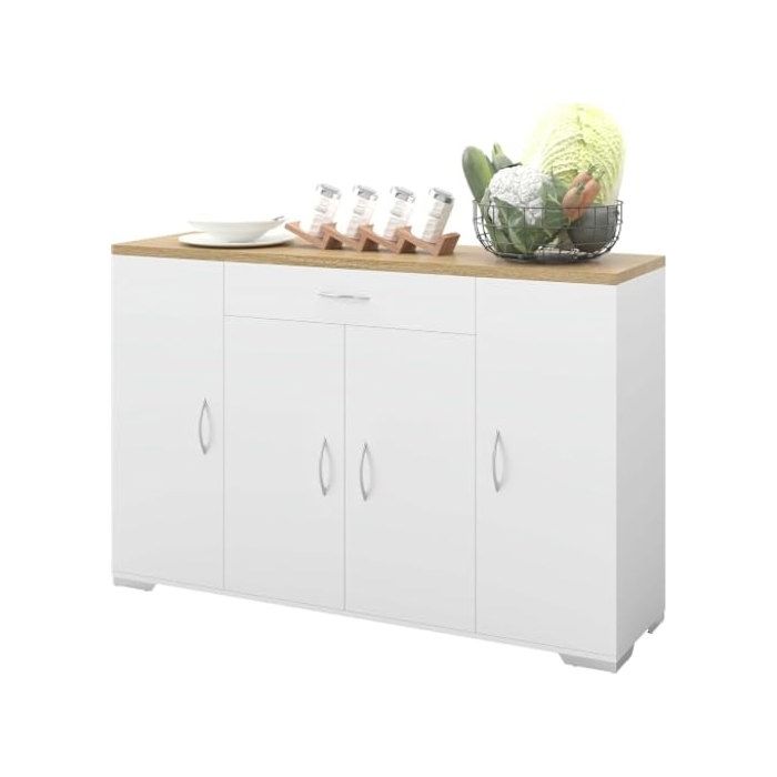 Buffet cuisine - AMVEYA - 110x70x30 cm - Plan de travail aspect bois - 1 tiroir & 4 portes - Fixation murale fournie