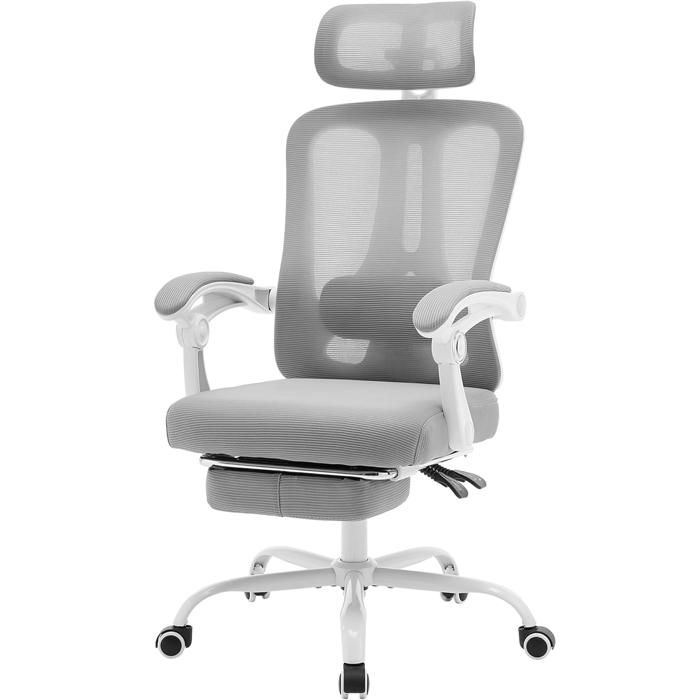 FAUTEUIL DE BUREAU-Chaise de Bureau Ergonomique-Dossier Inclinable 90-140 - Appui-tête & Accoudoirs Réglables-Repose-pieds-Gris