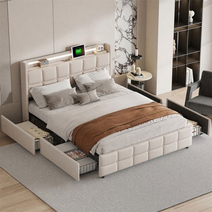Lit double 140x190 cm avec 4 tiroirs - Tete de lit rembourree avec éclairage LED et prises USB - Tissu lin - Sans matelas - Beige