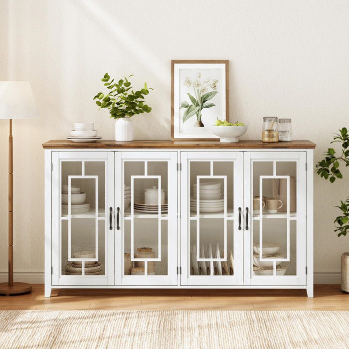 Piaenon - Sideboard large 160×40×86 cm 4 portes 4 compartiments rangement portes vitrées conception anti-basculement blanc