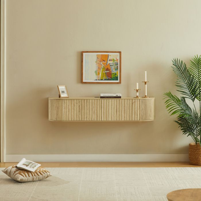 ELVORIN Meuble TV mural suspendu 140 cm passe-câbles 2 portes rangement fermé pour TV 43 à 65 pouces Natural