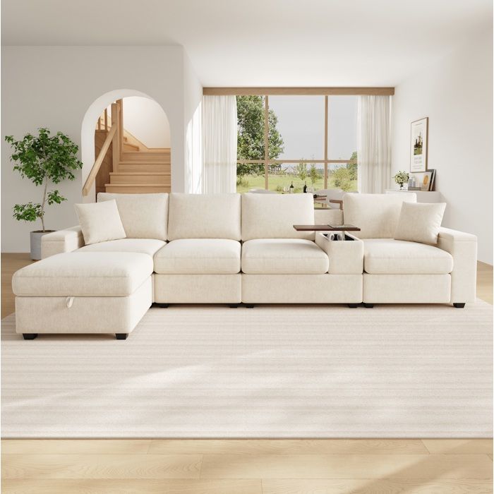 Canapé modulable dangle 5 places en chenille beige avec ottoman rangement USB/Type-C et table pivotante 360° VEVXYN