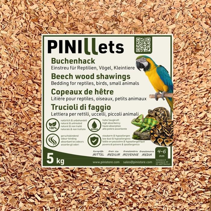 PINI Copeaux de Hêtre 5 kg/20 L – Substrat Moyen Hygiénique Peu Poussiéreux Reptiles Oiseaux Petits Animaux Terrariums