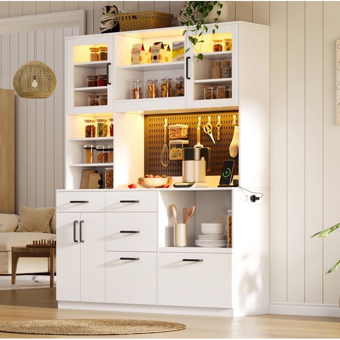 Buffet de cuisine blanc avec LED RGB prise intégrée 5 tiroirs portes vitrées plan de travail MDF JOINERY