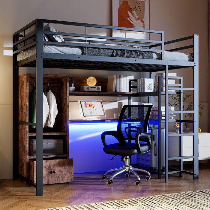 Lit mezzanine - MINIMAL - métal 90x200 noir LED bureau tiroir étagères garde-corps escalier certifié sans matelas Lit mezzanine - MINIMAL - métal 90x200 noir LED bureau tiroir étagères garde-corps escalier certifié sans matelas