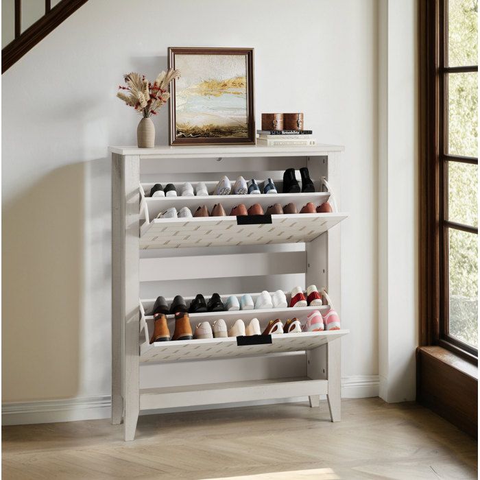 Meuble à chaussures vintage blanc 80 cm en MDF avec 2 tiroirs rabattables pour entrée et couloir