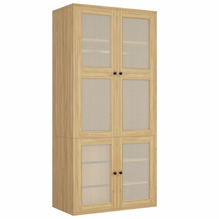 Armoire penderie tressée en rotin 90x47x200 cm portes battantes 1 tringle 3 tiroirs 4 compartiments armoire haute pour chambre