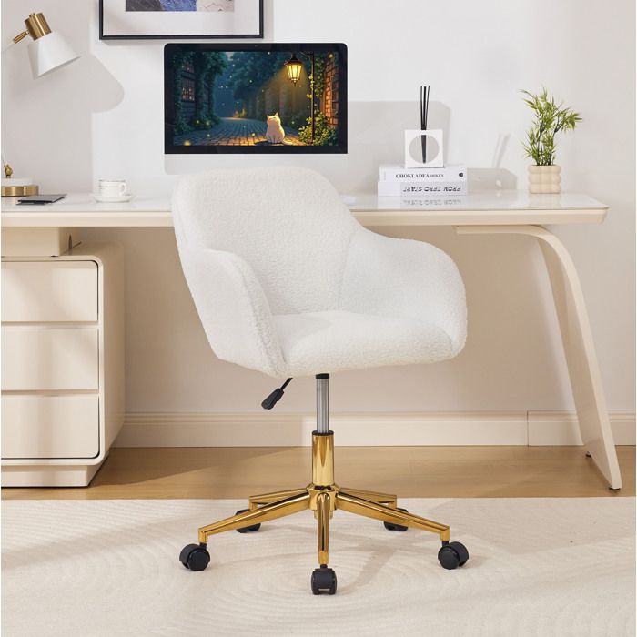 COVREO Fauteuil de bureau ivoire en tissu bouclette Teddy réglable et pivotant 360°
