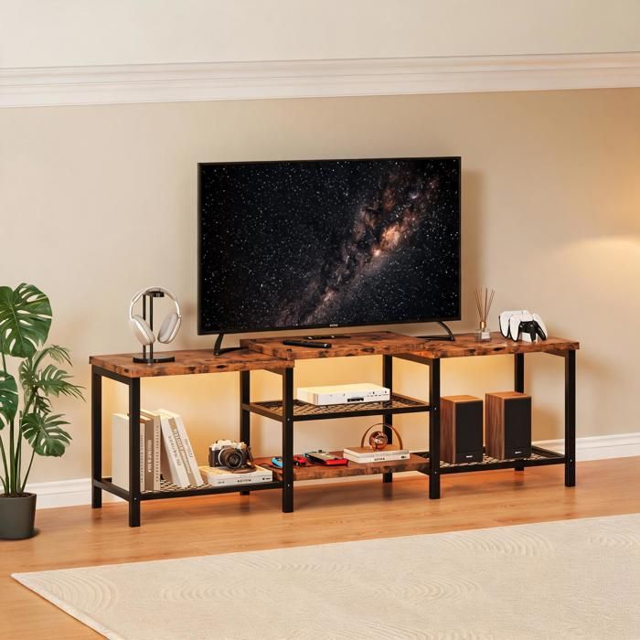 JoyGarden Meuble TV jusquà 75 pouces avec prises électriques ports USB et LED style vintage rustique pour salon Retro
