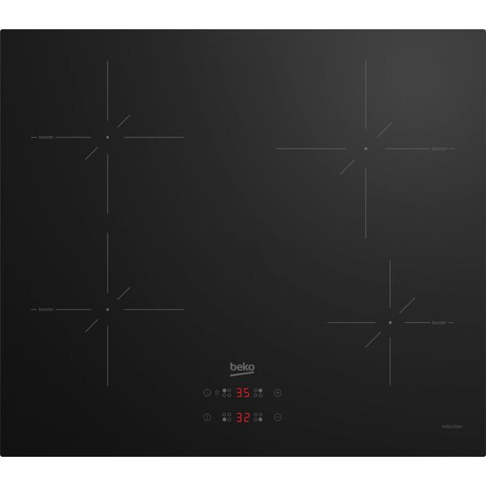 Plaque à induction noire - Beko - 4 zones - Vitrocéramique - Commande tactile - Booster - Détection des ustensiles