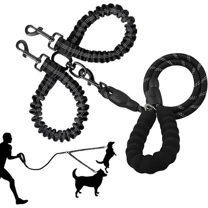 Laisse Double Pour 2 Chiens - Élastique Réfléchissante Anti-embrouillement - Poignée Rembourrée - Longueur 90 Cm + Extensions 65-91 Cm