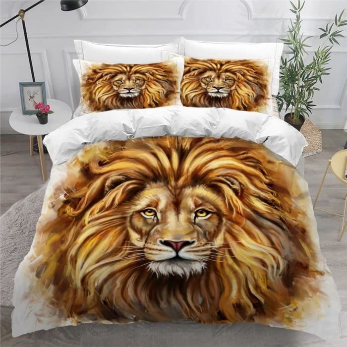 Parure De Lit 140x200 Cm Microfibre - Housse De Couette + 2 Taies, Imprimé Lion 3D