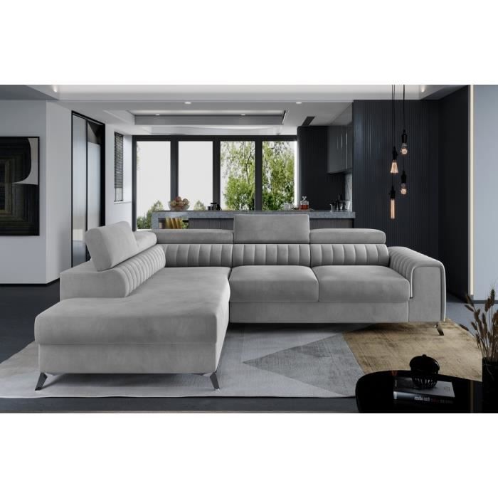 Canapé dangle convertible - LARRY VELOURS - en tissu Luxe 5 places gris angle gauche (vu de face)