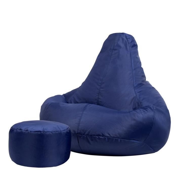 pouf fauteuil recliner et repose-pieds - veeva - textile tissé - résistant à l’eau - bleu marine