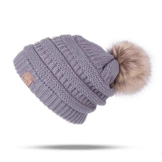Bonnet Tricot Femme Oversize Avec Pompon Fausse Fourrure - Chapeau D'Hiver Doux Et Chaud QUEENFUR