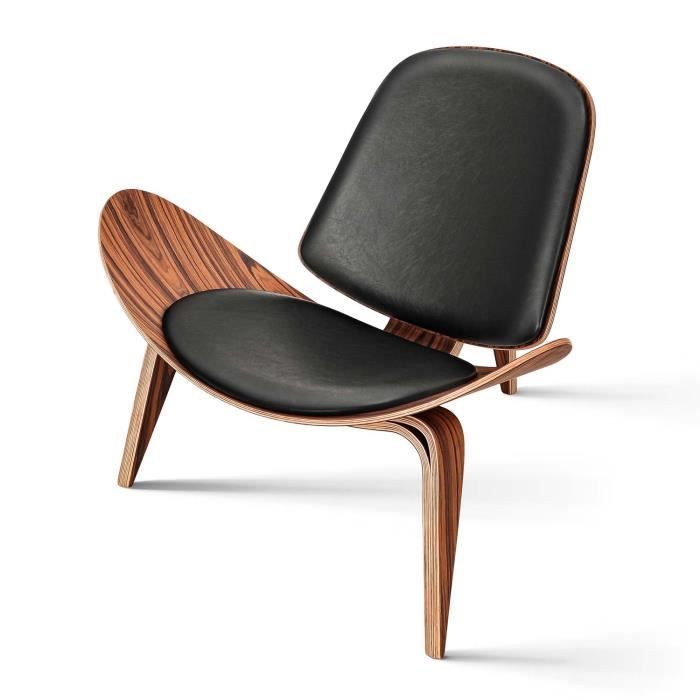chaise de salon en cuir pu moderne mid-century chaise latérale simple tripode chaise longue noir finition noyer dossier confortable