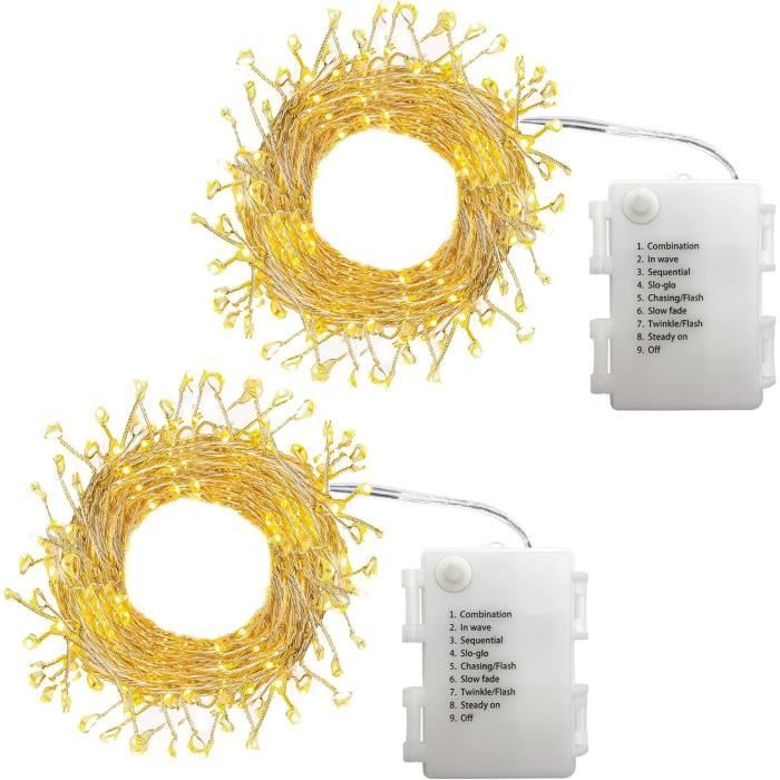 GARITE Lot De 2 Guirlandes Lumineuses LED 12m – 120 LED – Piles – 8 Modes – Télécommande – Fil Cuivre – IP65
