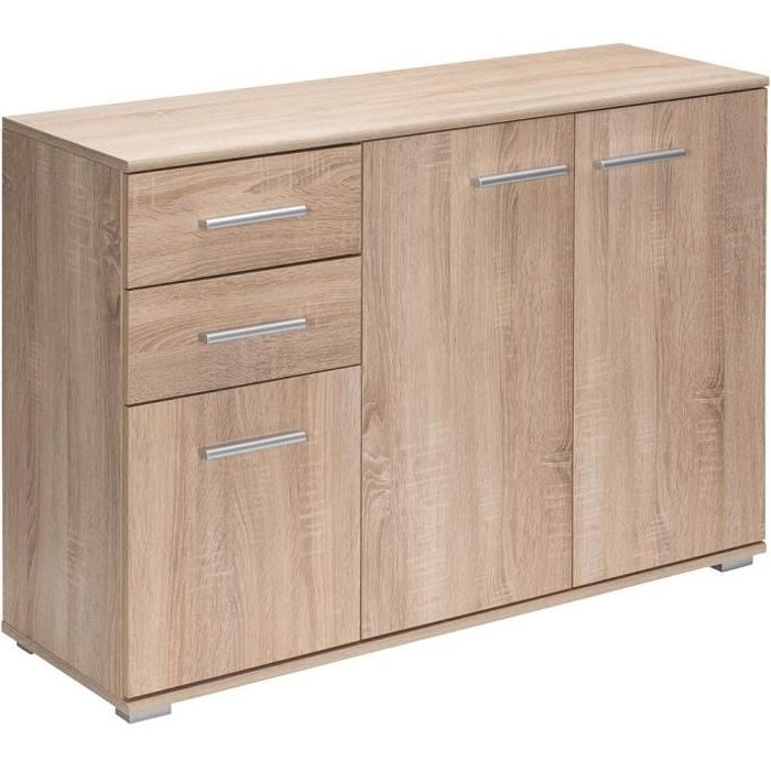 Buffet chêne 107 x 75 x 35 cm Commode Meuble de rangement avec 3 portes 2 tiroirs pour salon salle à manger intérieur