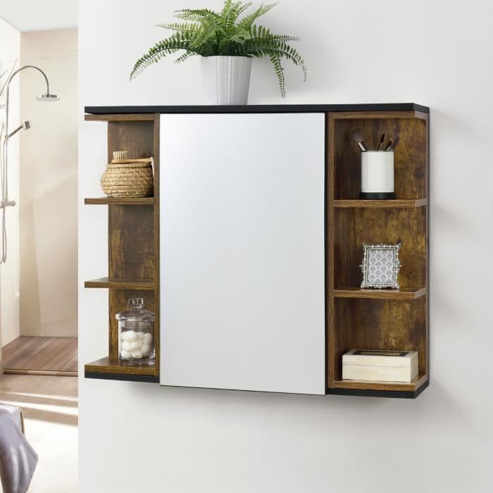 Placard Mural Harstad de Salle de Bain Porte avec Miroir 64 x 80 x 20 cm Effet Bois Foncé Noir