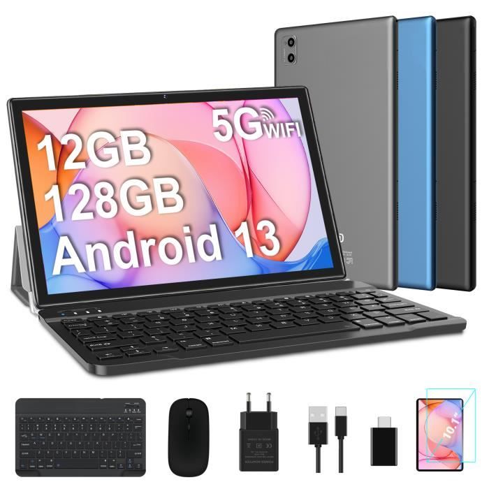GOODTEL Tablette Tactile Android 13, stokcage 12+128 Go (512Go Extensible) Tablette 10.1-Camera5+8MP-6 accessoires-Gris