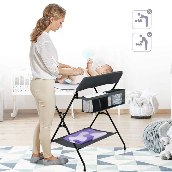 Table à Langer Pliable Gris Avec Roulettes – Table De Change Bébé Réglable En Hauteur + Panier & Tringle