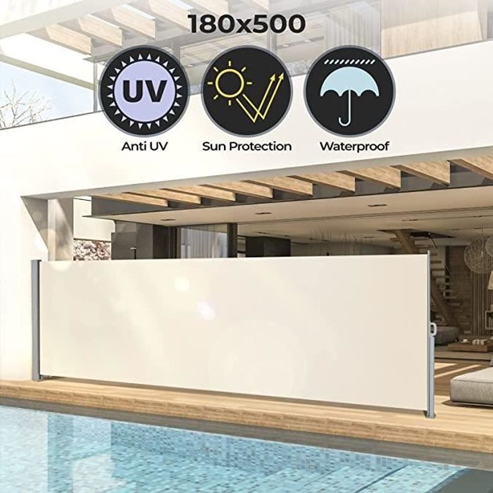 Jago® Paravent Extérieur Rétractable - 500x180cm, Protection UV, Beige - Auvent Store Latéral, Brise-Vue, Abri Soleil, Jardin