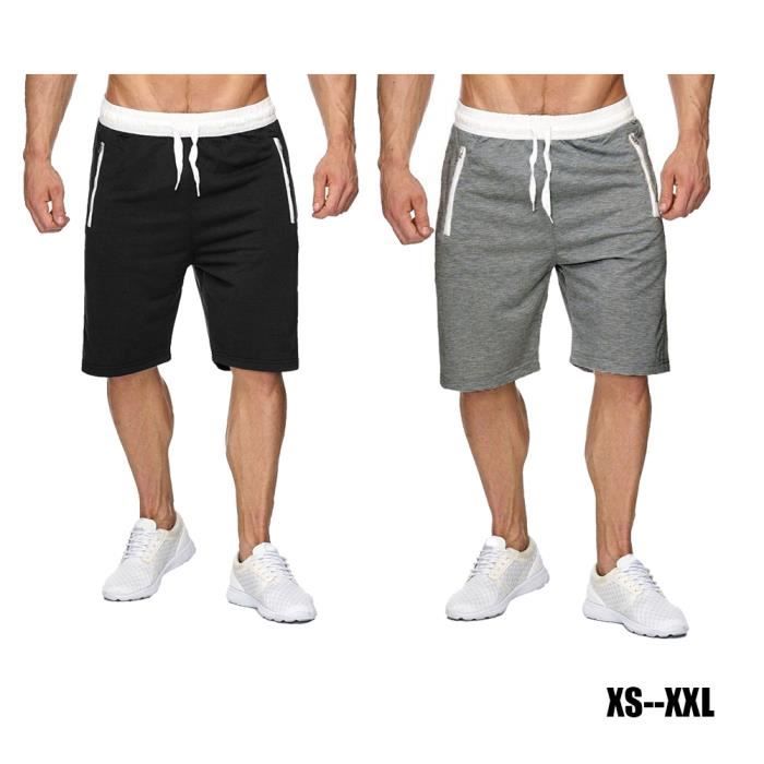 OUQING-Lot de 2 Short Hommes Couleur unie Taille elastique Épissage Poche zippée sport short