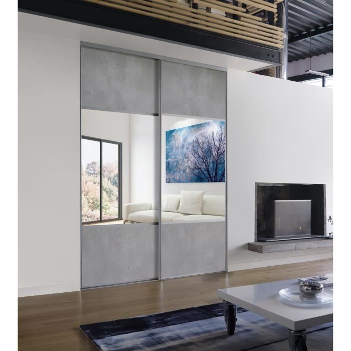 OPTIMUM Kit Portes de placard coulissantes - L180 cm x H250 cm - Décor Béton et miroir argent - Rail