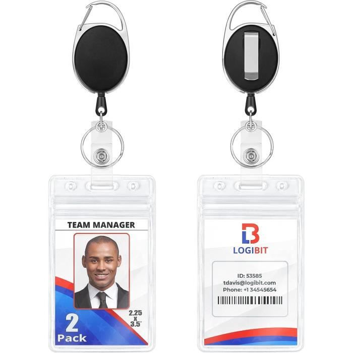 Lot De 2 Porte-Badges Rétractables Vertical - Clip Mousqueton Et Enrouleur - PVC/Métal