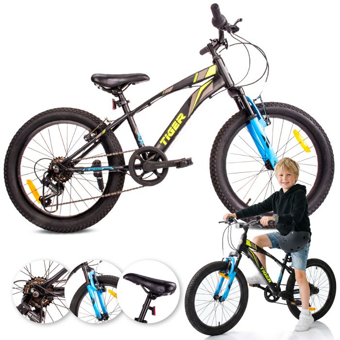 Vélo Enfant - Tiger Bike - Roues 20 - 6 à 10 ans - V-Brake - cadre en acier - béquille latérale - Noir et Vert