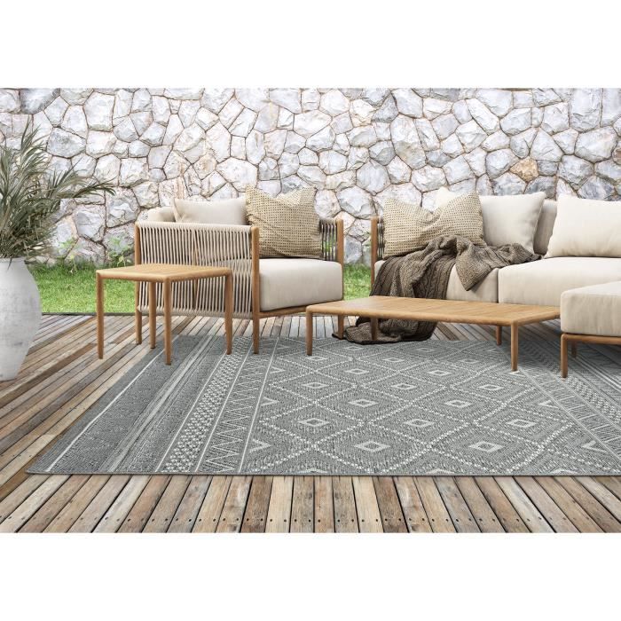 Tapis de Salon ou Terrasse en gris 80x150 | Tapis plat moderne | Rectangulaire | Interieur et Exterieur - The Carpet Ottowa
