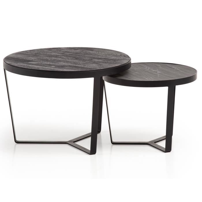 tables gigognes en bois massif wohnling - lot de 2 tables basses rondes modernes - noir